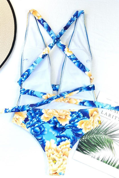 Blue Floral Print One Piece Swimsuit