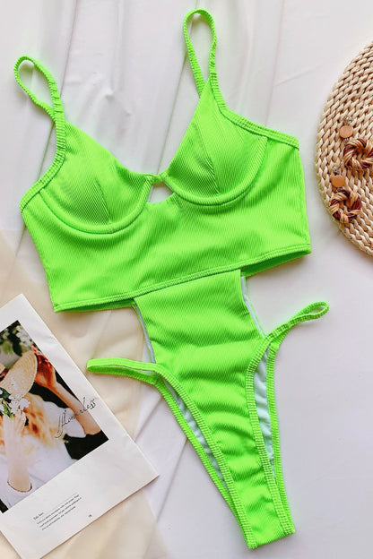 Green Ribbed Underwire One Piece Cut Out Swimsuit